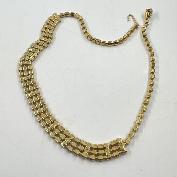 Vintage Gold Tone And Champagne Rhinestone Choker 3 Rows Runway Glam Elegant 90s - Picture 5 of 5